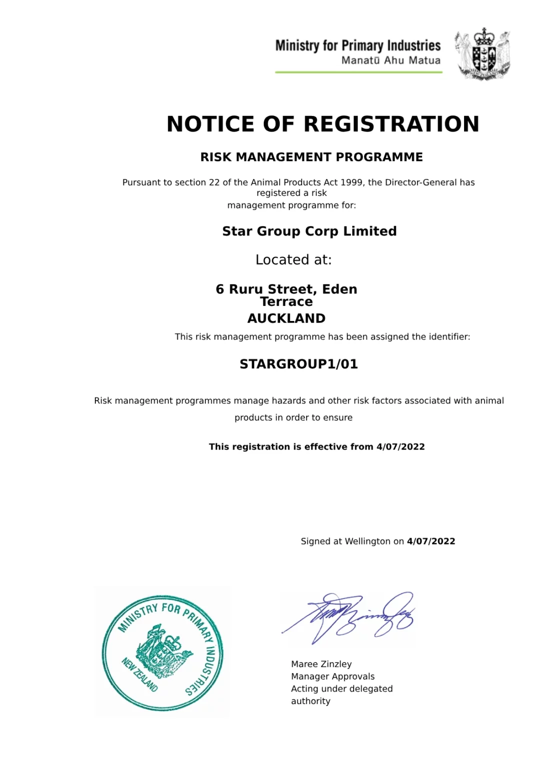 2022 -STARGROUP1- Notice of Registration 01